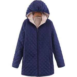 imageFlygo Womens Diamond Quilted Fleece Lined Mid Long Jacket FullZip Hoodie OuterwearNavy