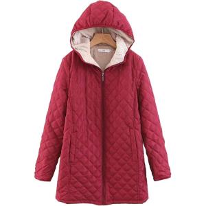 imageFlygo Womens Diamond Quilted Fleece Lined Mid Long Jacket FullZip Hoodie OuterwearWine Red