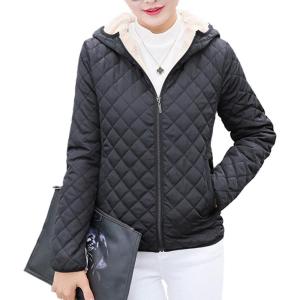 imageFlygo Womens Hooded Diamond Quilted Fleece Lined Jacket Coat OuterwearBlack