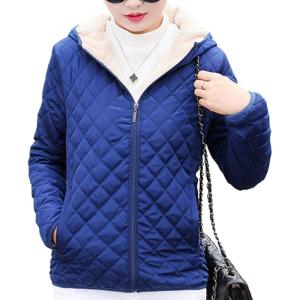 imageFlygo Womens Hooded Diamond Quilted Fleece Lined Jacket Coat OuterwearBlue