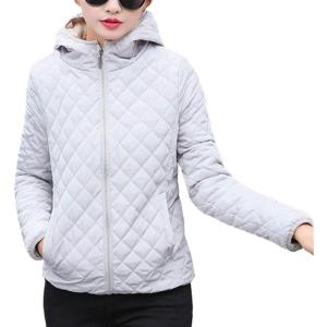 imageFlygo Womens Hooded Diamond Quilted Fleece Lined Jacket Coat OuterwearGrey