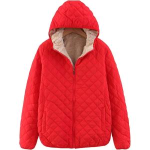 imageFlygo Womens Hooded Diamond Quilted Fleece Lined Jacket Coat OuterwearRed