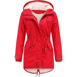 imageFlygo Womens Winter Fleece Sherpa Lined Hooded Parka Jacket Warm Coat with PocketsRed