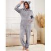 imageFlygo Womens Fleece Onesie Pajamas Winter Warm Fuzzy One Piece Romper Loungewear Teddy Ears Zipper Hooded Jumpsuit SleepwearGrey
