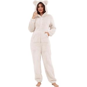 imageFlygo Womens Fleece Onesie Pajamas Winter Warm Fuzzy One Piece Romper Loungewear Teddy Ears Zipper Hooded Jumpsuit SleepwearBeige