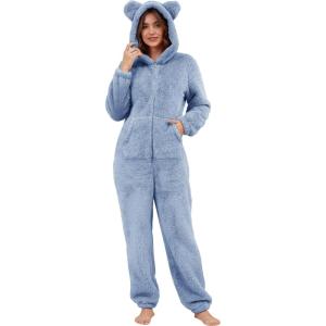imageFlygo Womens Fleece Onesie Pajamas Winter Warm Fuzzy One Piece Romper Loungewear Teddy Ears Zipper Hooded Jumpsuit SleepwearBlue