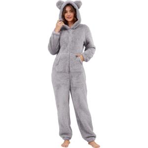imageFlygo Womens Fleece Onesie Pajamas Winter Warm Fuzzy One Piece Romper Loungewear Teddy Ears Zipper Hooded Jumpsuit SleepwearGrey