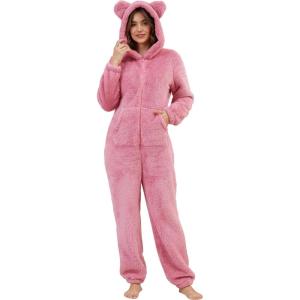 imageFlygo Womens Fleece Onesie Pajamas Winter Warm Fuzzy One Piece Romper Loungewear Teddy Ears Zipper Hooded Jumpsuit SleepwearPink