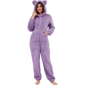 imageFlygo Womens Fleece Onesie Pajamas Winter Warm Fuzzy One Piece Romper Loungewear Teddy Ears Zipper Hooded Jumpsuit SleepwearPurple