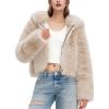 imageFlygo Womens Faux Fur Coat Cropped Fluffy Hooded Winter Jackets Zip Up Open Front Fuzzy Short Shaggy Warm Coats with PocketsBeige