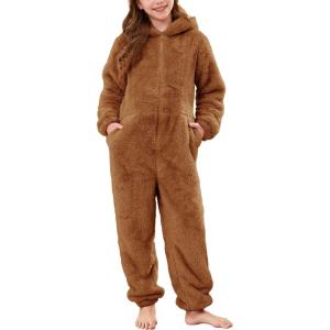 imageFlygo Girls Fleece Jumpsuits Fuzzy Hooded Rompers Kids Zip up Onesie Romper Costume Warm Winter Clothes 514 YearsBrown