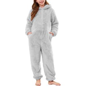 imageFlygo Girls Fleece Jumpsuits Fuzzy Hooded Rompers Kids Zip up Onesie Romper Costume Warm Winter Clothes 514 YearsGrey