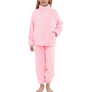 imageFlygo Girls Fuzzy Pants Sets Kid 2 Piece Winter Fleece Outfits Stand Collar Zip Up Sweatshirts Fluffy Sweatpants with PocketsLightpink