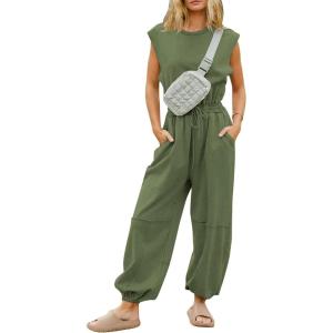 imageFlygo Womens Casual Jumpsuit Crewneck Cap Sleeve Long Wide Leg Pants One Piece Outfits Drawstring Romper with PocketsArmygreen