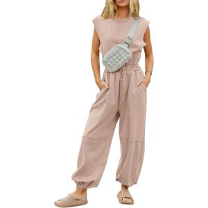 imageFlygo Womens Casual Jumpsuit Crewneck Cap Sleeve Long Wide Leg Pants One Piece Outfits Drawstring Romper with PocketsDustypink