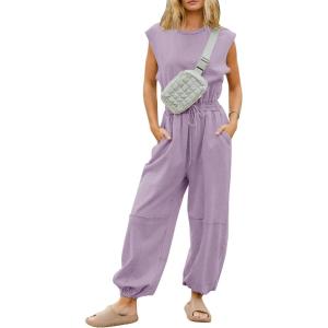 imageFlygo Womens Casual Jumpsuit Crewneck Cap Sleeve Long Wide Leg Pants One Piece Outfits Drawstring Romper with PocketsDustypurple