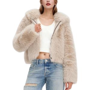 imageFlygo Womens Faux Fur Coat Cropped Fluffy Hooded Winter Jackets Zip Up Open Front Fuzzy Short Shaggy Warm Coats with PocketsBeige