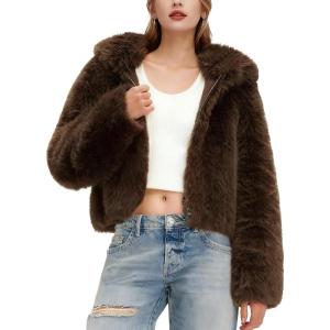 imageFlygo Womens Faux Fur Coat Cropped Fluffy Hooded Winter Jackets Zip Up Open Front Fuzzy Short Shaggy Warm Coats with PocketsBrown