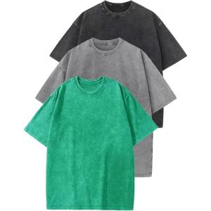 imageFlygo 3 Pack Men Oversized T Shirts Acid Washed Unisex Tee Loose Fit Short Sleeve Casual Streetwear Baggy Basic TopsBlackgreygreen