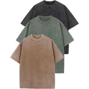 imageFlygo 3 Pack Men Oversized T Shirts Acid Washed Unisex Tee Loose Fit Short Sleeve Casual Streetwear Baggy Basic TopsBlackkhakiarmygreen