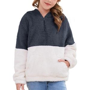 imageFlygo Girls Fuzzy Sherpa Hoodie Fleece Pullover Quarter Zip Hoodies Fluffy Sweaters Casual Long Sleeve Sweatshirt 514YearsDarkgreywhite