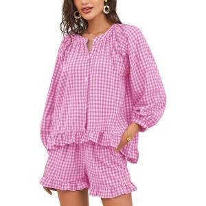 imageFlygo Women Gingham 2 Piece Pajama Sets Y2K Plaid Ruffle Short Sets Raglan Sleeve Shirt Lounge Shorts Sleepwear with PocketsRose