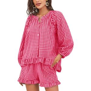 imageFlygo Women Gingham 2 Piece Pajama Sets Y2K Plaid Ruffle Short Sets Raglan Sleeve Shirt Lounge Shorts Sleepwear with PocketsWine
