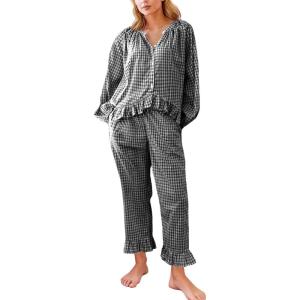 imageFlygo Womens Plaid Pajamas Sets 2 Piece Cotton Pj Set Puff Sleeve Ruffle Babydoll Shirt Gingham Pants Lounge SetsBlack