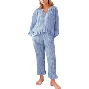imageFlygo Womens Plaid Pajamas Sets 2 Piece Cotton Pj Set Puff Sleeve Ruffle Babydoll Shirt Gingham Pants Lounge SetsBlue
