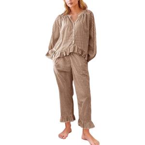 imageFlygo Womens Plaid Pajamas Sets 2 Piece Cotton Pj Set Puff Sleeve Ruffle Babydoll Shirt Gingham Pants Lounge SetsBrown