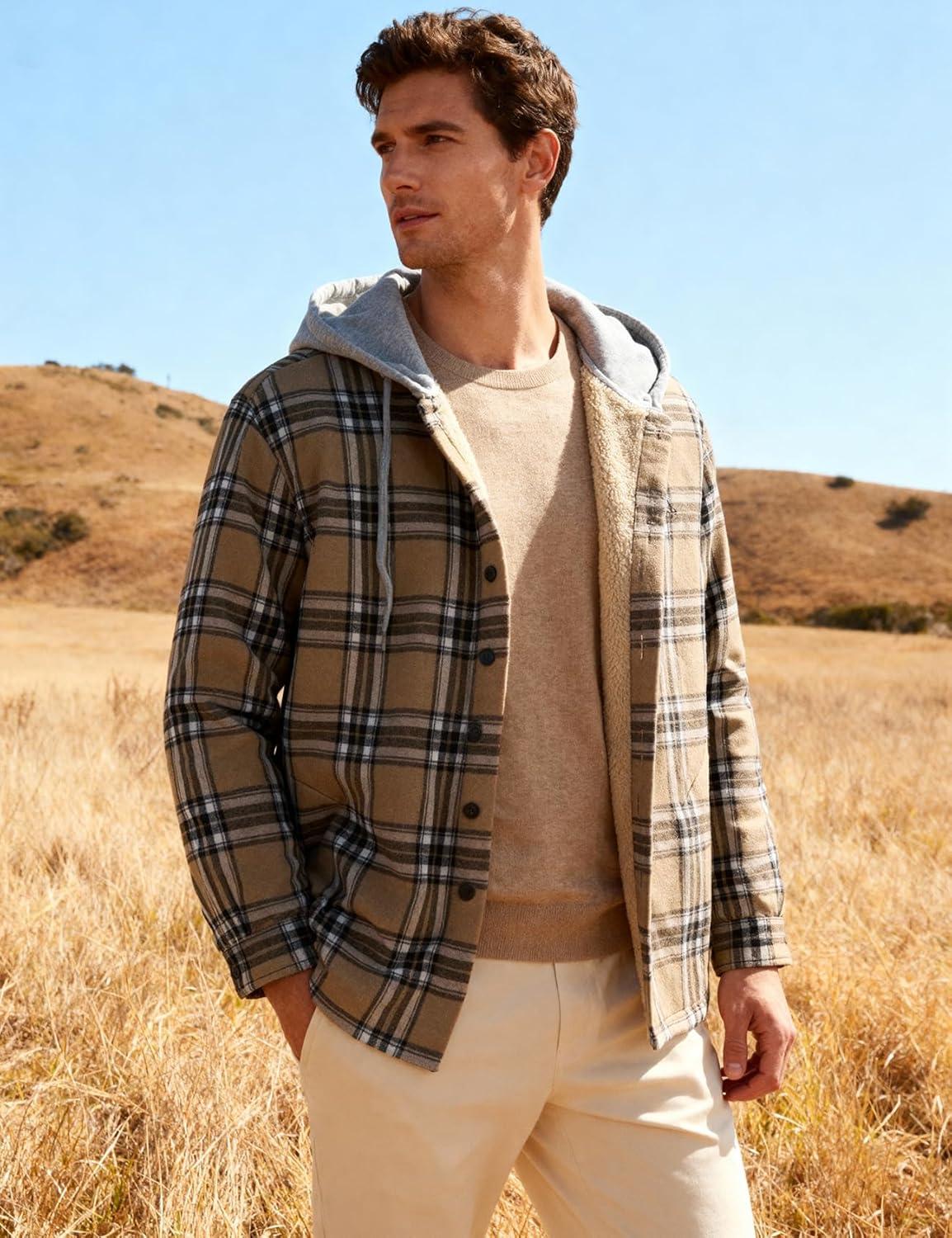 imageFlygo Flannel Shirt Jacket Men Fleece Hoodie Sherpa Lined Plaid Button Down Fall Winter Jackets with HoodKhaki