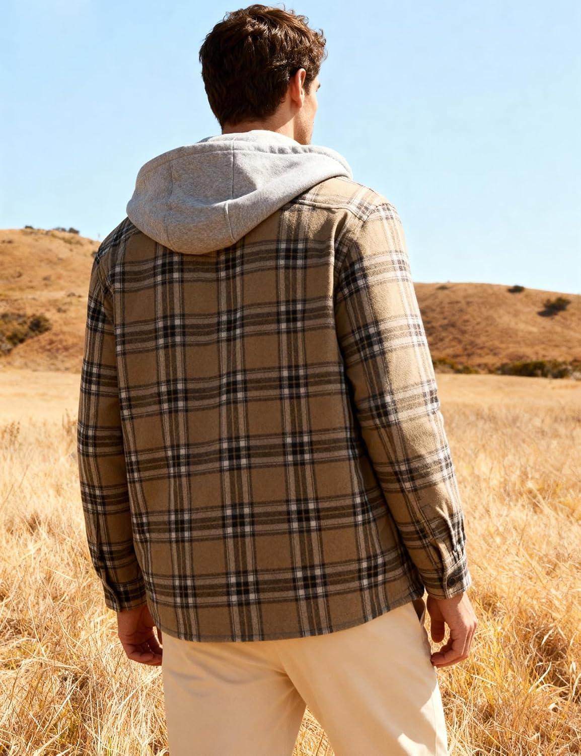 imageFlygo Flannel Shirt Jacket Men Fleece Hoodie Sherpa Lined Plaid Button Down Fall Winter Jackets with HoodKhaki