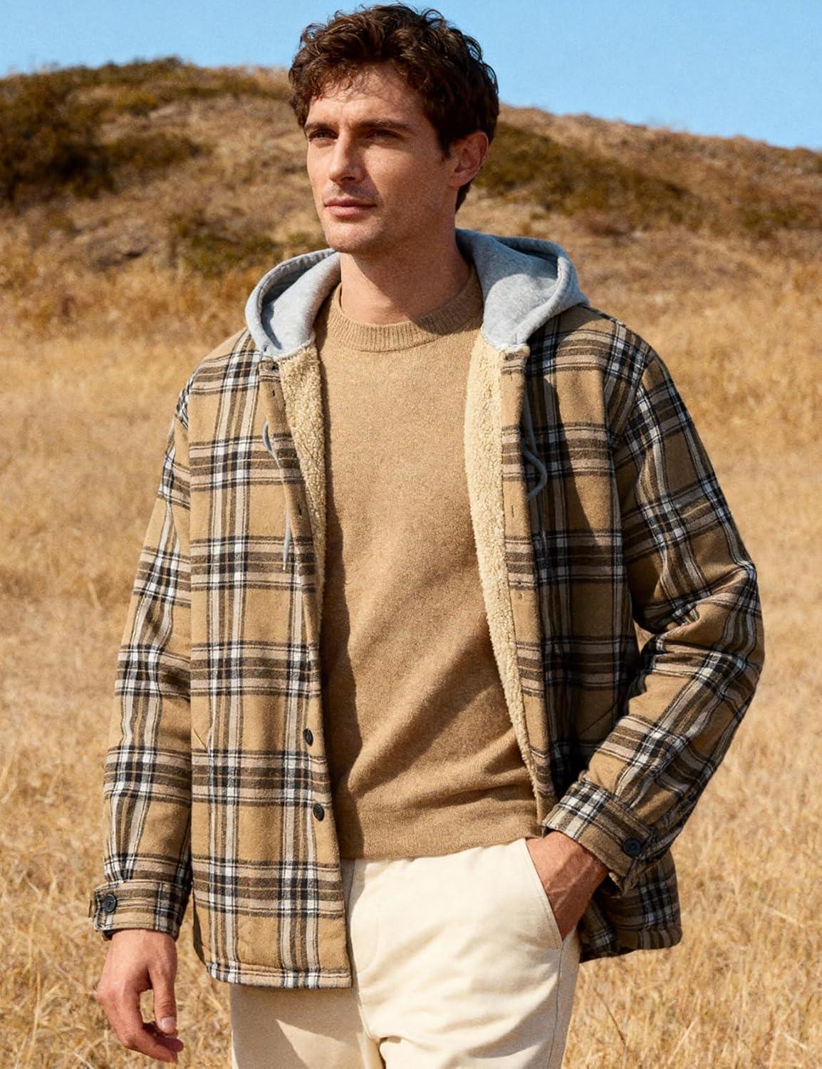 imageFlygo Flannel Shirt Jacket Men Fleece Hoodie Sherpa Lined Plaid Button Down Fall Winter Jackets with HoodKhaki