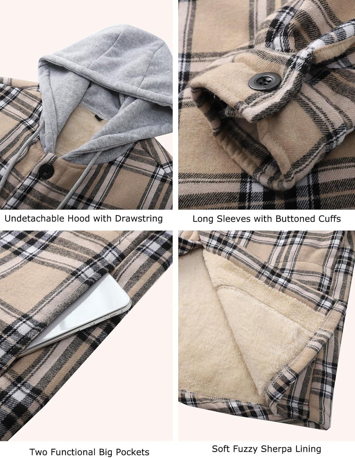 imageFlygo Flannel Shirt Jacket Men Fleece Hoodie Sherpa Lined Plaid Button Down Fall Winter Jackets with HoodKhaki
