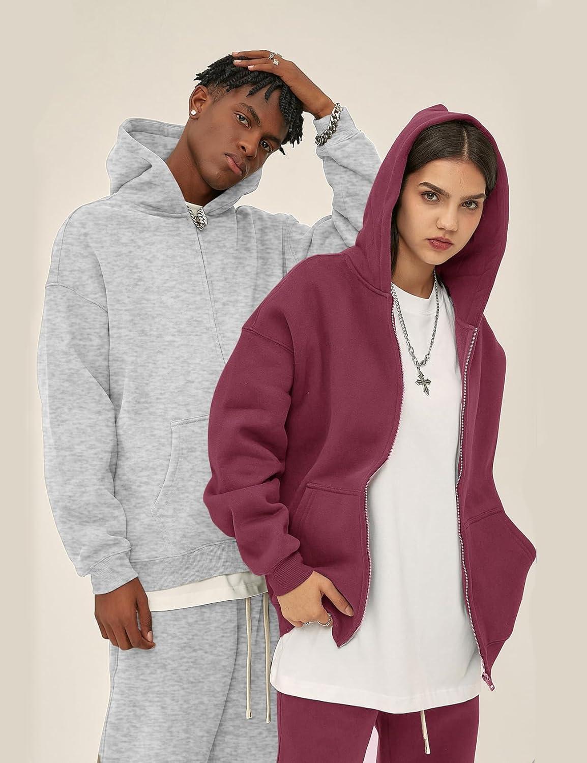 imageFlygo Mens Zip Up Hoodies Oversized Fleece Long Sleeve Drop Shoulder Hooded Sweatshirt Trendy Vintage StreetwearLight Grey