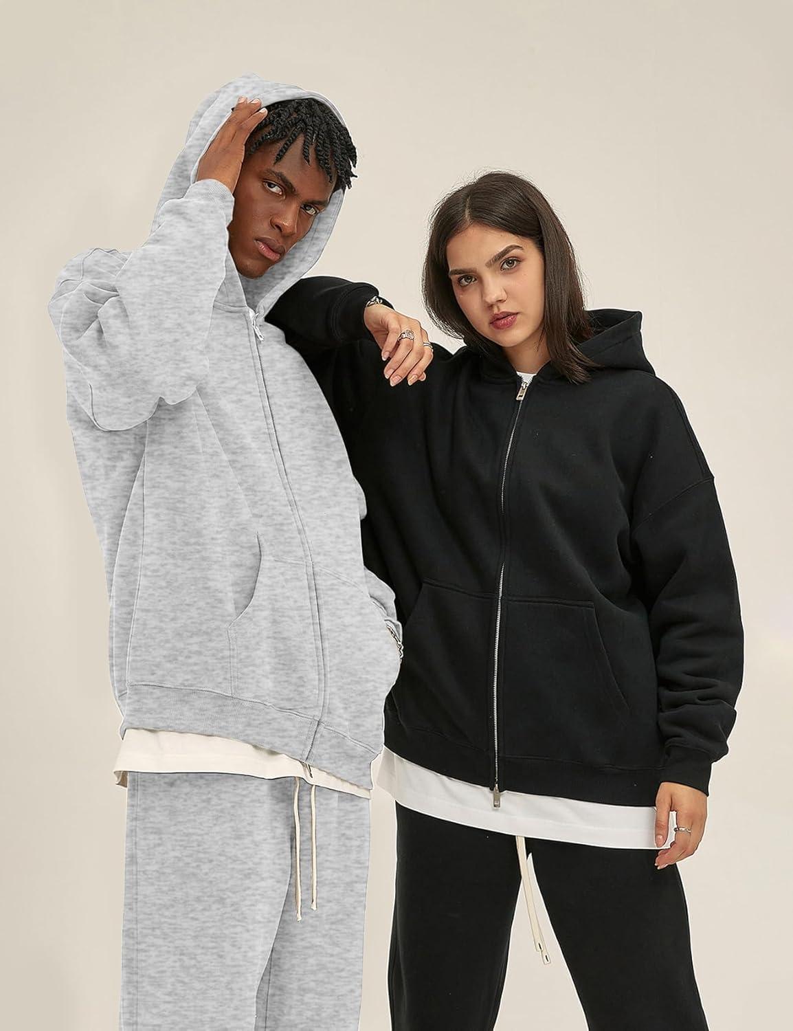 imageFlygo Mens Zip Up Hoodies Oversized Fleece Long Sleeve Drop Shoulder Hooded Sweatshirt Trendy Vintage StreetwearLight Grey