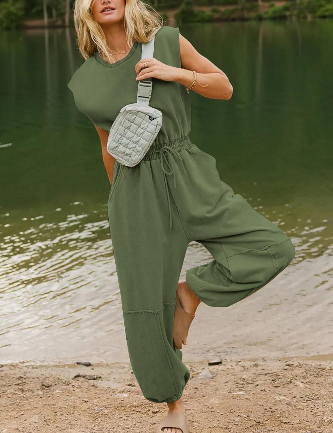 imageFlygo Womens Casual Jumpsuit Crewneck Cap Sleeve Long Wide Leg Pants One Piece Outfits Drawstring Romper with PocketsArmygreen