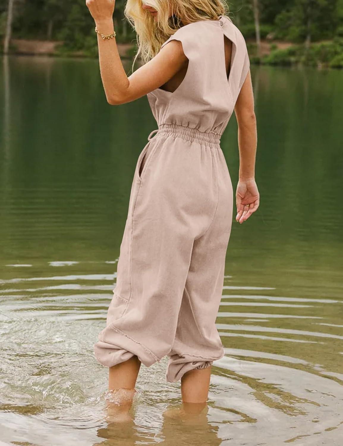 imageFlygo Womens Casual Jumpsuit Crewneck Cap Sleeve Long Wide Leg Pants One Piece Outfits Drawstring Romper with PocketsDustypink