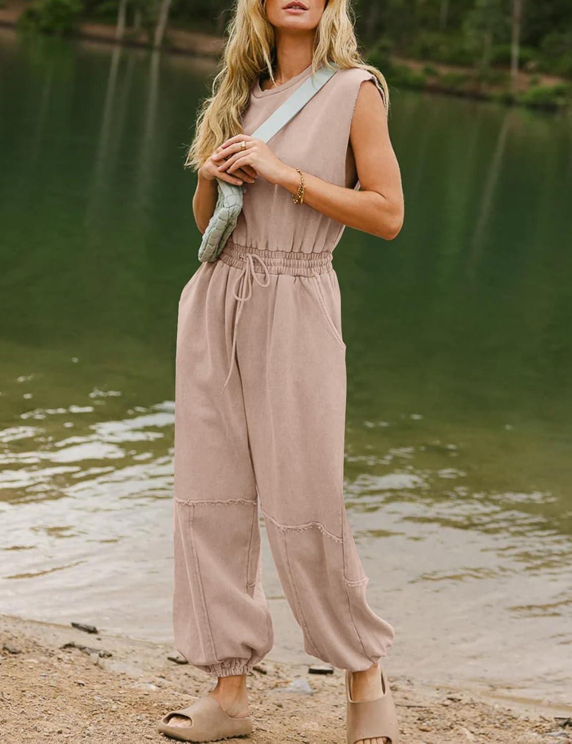 imageFlygo Womens Casual Jumpsuit Crewneck Cap Sleeve Long Wide Leg Pants One Piece Outfits Drawstring Romper with PocketsDustypink