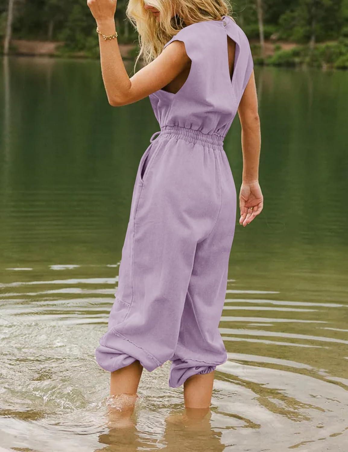 imageFlygo Womens Casual Jumpsuit Crewneck Cap Sleeve Long Wide Leg Pants One Piece Outfits Drawstring Romper with PocketsDustypurple