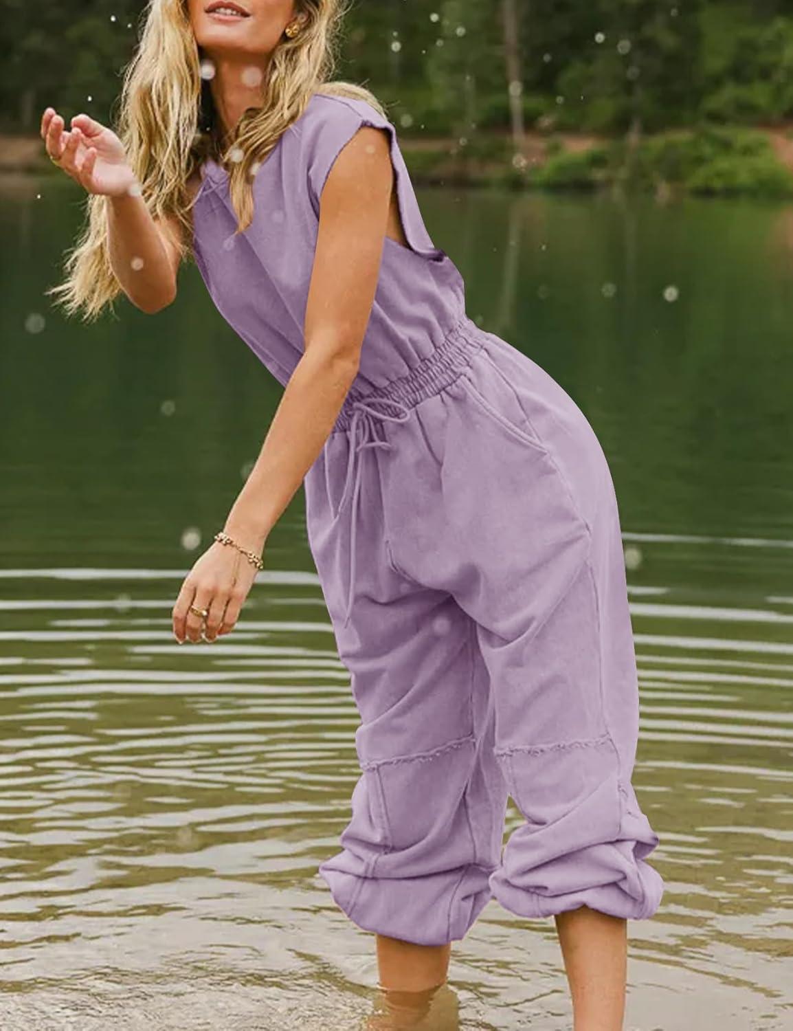 imageFlygo Womens Casual Jumpsuit Crewneck Cap Sleeve Long Wide Leg Pants One Piece Outfits Drawstring Romper with PocketsDustypurple