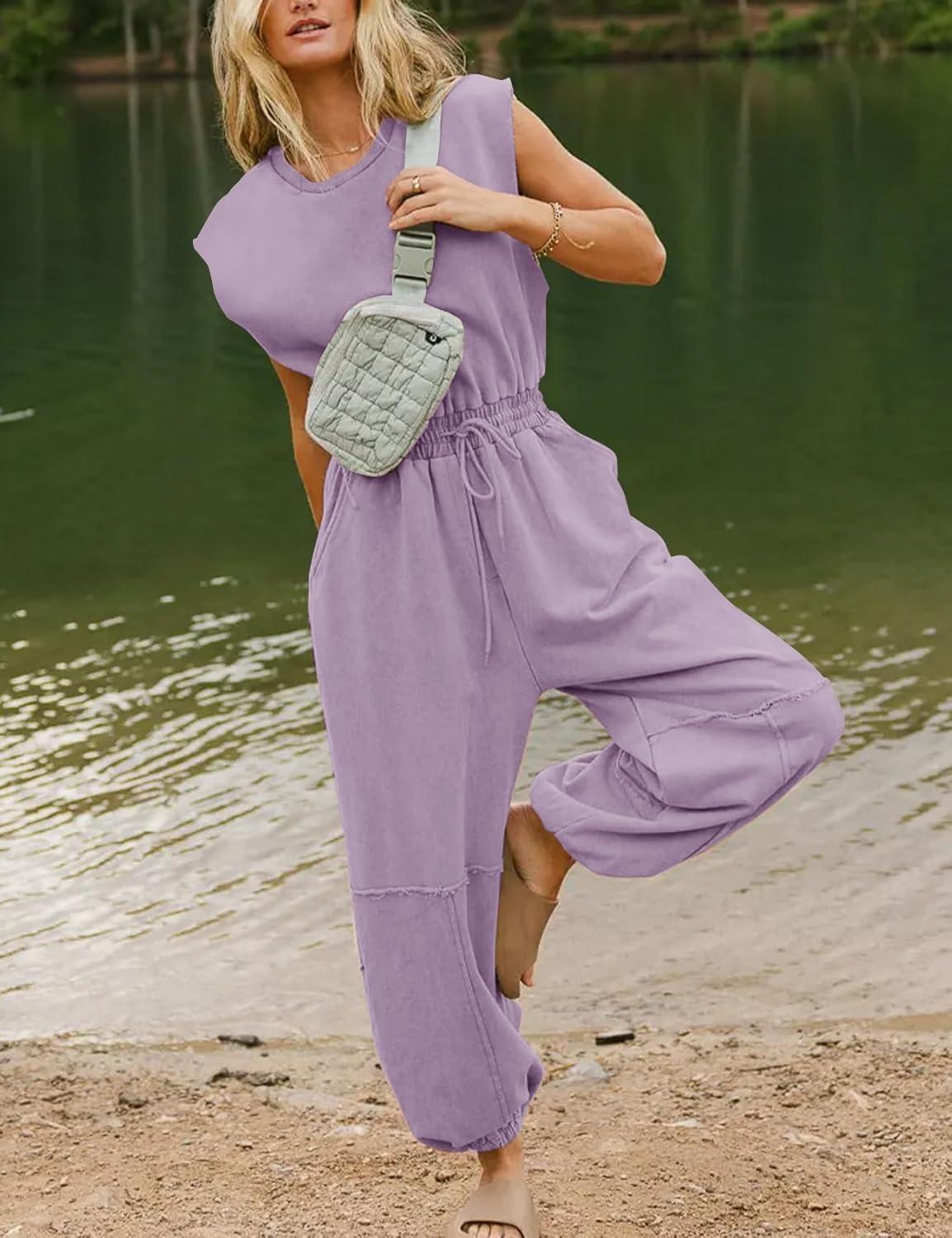 imageFlygo Womens Casual Jumpsuit Crewneck Cap Sleeve Long Wide Leg Pants One Piece Outfits Drawstring Romper with PocketsDustypurple