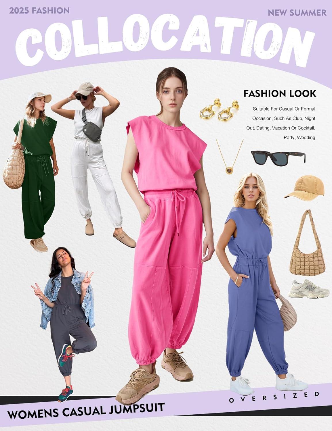 imageFlygo Womens Casual Jumpsuit Crewneck Cap Sleeve Long Wide Leg Pants One Piece Outfits Drawstring Romper with PocketsWhite