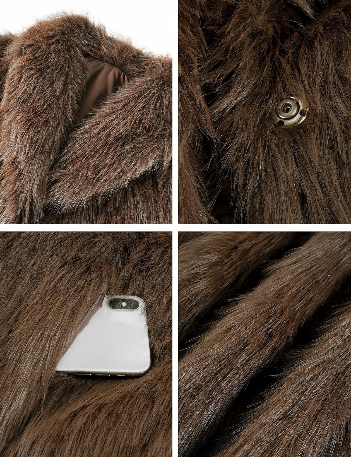 imageFlygo Womens Long Faux Fur Coats Winter Fluffy Open Front Luxury Overcoat Shaggy Lapel Long Sleeve Fuzzy Warm Cardigan JacketBrown