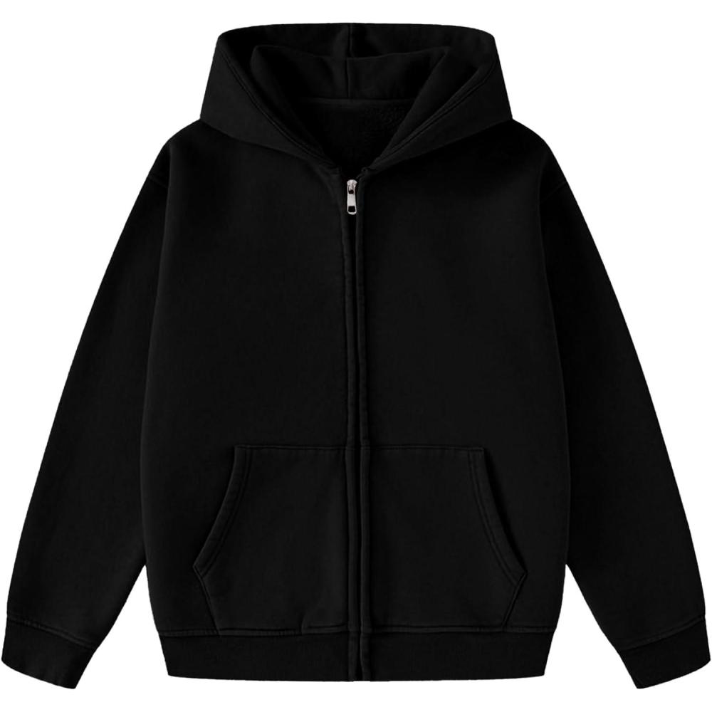 imageFlygo Unisex Boys Girls Fleece Jacket Lightweight Zip up Active Hoodie Hooded Sweatshirt Kids Spring Fall Jackets CoatBlack