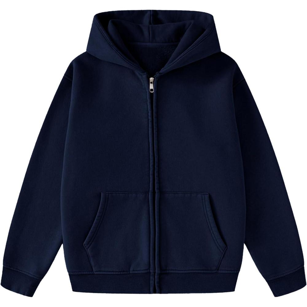 imageFlygo Unisex Boys Girls Fleece Jacket Lightweight Zip up Active Hoodie Hooded Sweatshirt Kids Spring Fall Jackets CoatNavy