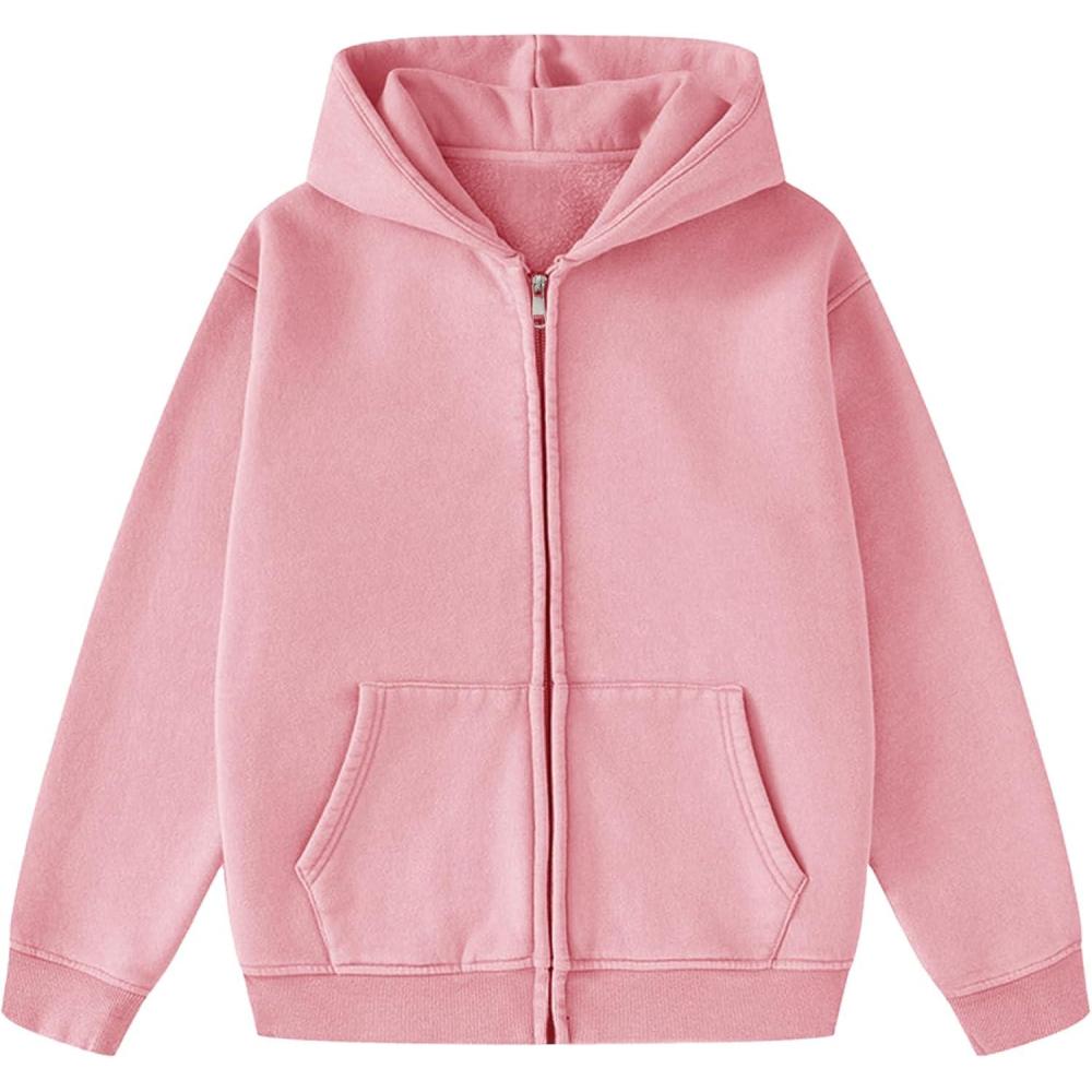 imageFlygo Unisex Boys Girls Fleece Jacket Lightweight Zip up Active Hoodie Hooded Sweatshirt Kids Spring Fall Jackets CoatPink