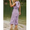 imageFlygo Womens Casual Jumpsuit Crewneck Cap Sleeve Long Wide Leg Pants One Piece Outfits Drawstring Romper with PocketsDustypurple