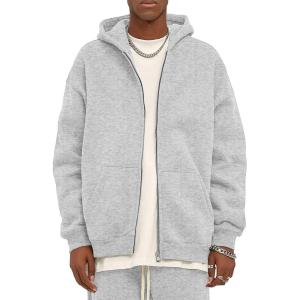 imageFlygo Mens Zip Up Hoodies Oversized Fleece Long Sleeve Drop Shoulder Hooded Sweatshirt Trendy Vintage StreetwearLight Grey