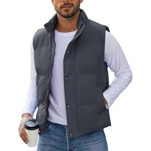 imageFlygo Mens Puffer Vest Winter Padded Vests Lightweight Stand Collar Sleeveless Quilted Jackets OuterwearDarkgrey